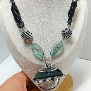 Vintage  Necklace Blue Rhinestone pendant Silver-tone leather Braided Chain